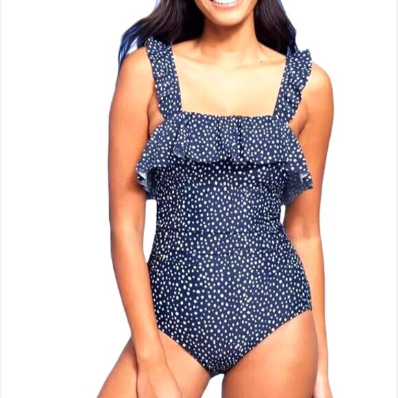 Kona Sol 1 Piece Swim 17 Dot Ruffle Shoulder One Piece Slim Swimsuit Navy Blue - Picture 1 of 14